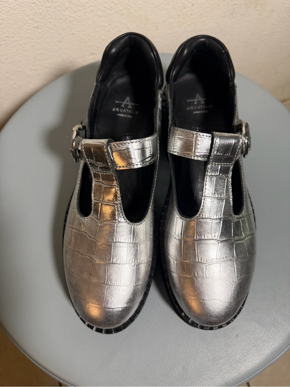 Aquatalia Silver Metallic Croc-Embossed Mary Jane Mules